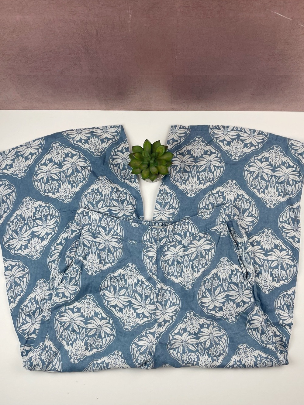 Rachel Zoe Blue White Floral Tropical Linen Pants Wide Leg Capri Ankle Large